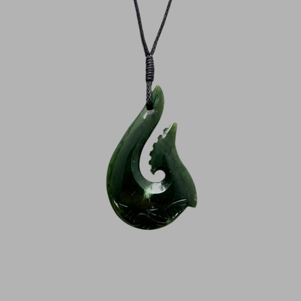 Te Wahi Pounamu Engraved Hei Matau (Hook) 50mm